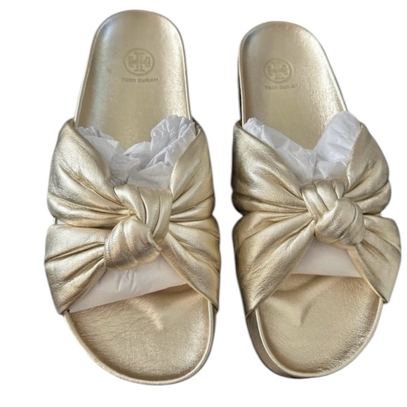 Tory Burch Spark Gold Metallic Puffy Knotted Anatomic Slide Sandals 10 NWT BOX - Picture 2 of 8
